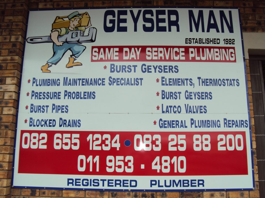 Signage of Geyser Man Contact details outside of Geyser Man Shop